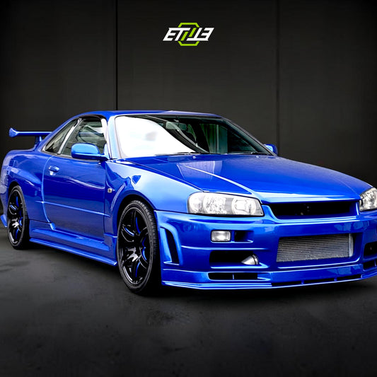 R34 GTS Blue style body kit — carbon front diffuser detail, ETi
