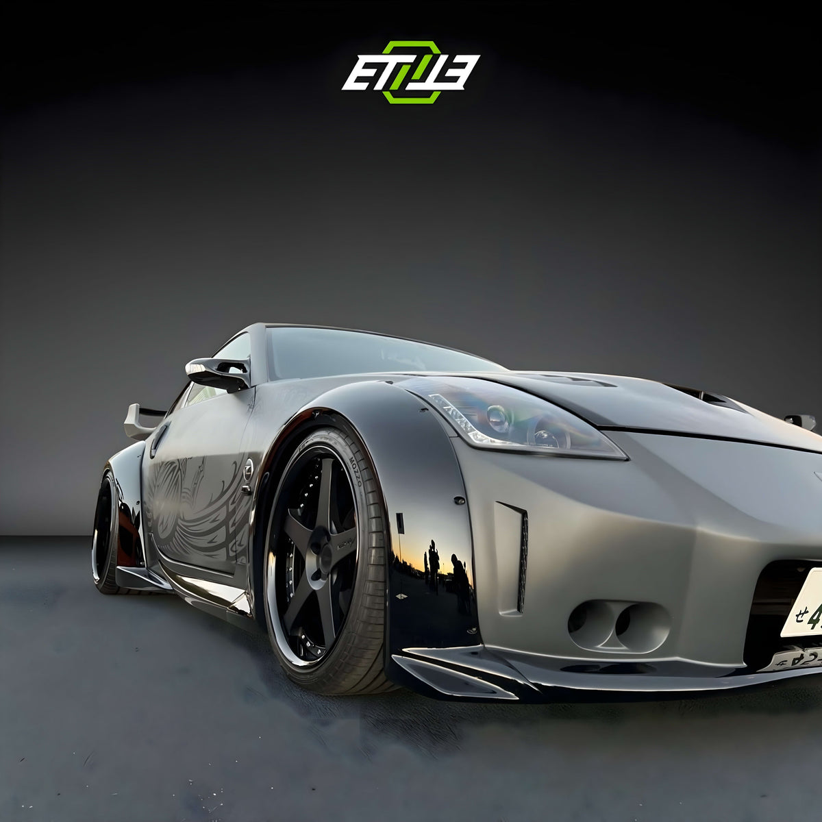 Nissan 350Z Veilside V3 style installed reference; additional hood, wheels and accessories shown
