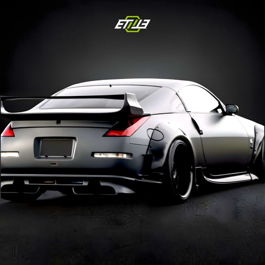 Nissan 350Z Veilside V3 style installed reference; additional hood, wheels and accessories shown