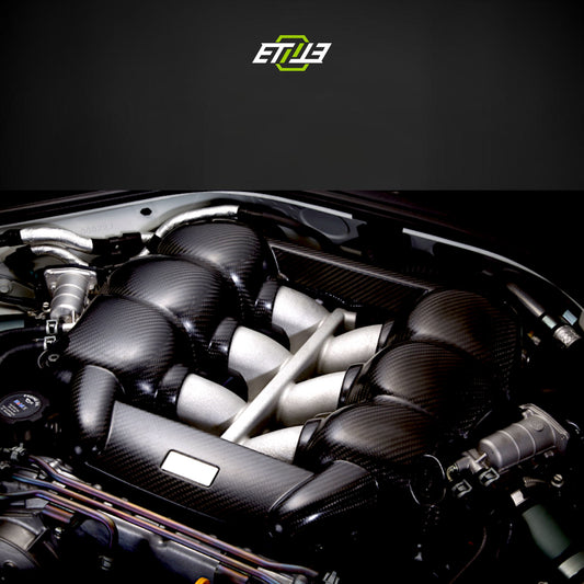 R35 Mine's style engine cover — carbon fiber, matte finish, ETi