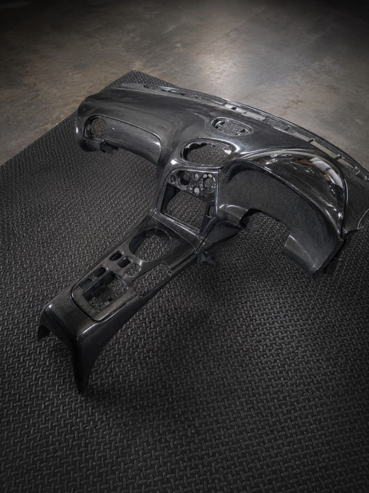 ETi Mazda RX-7 FD3S RHD gloss carbon fiber dashboard and center console angled view