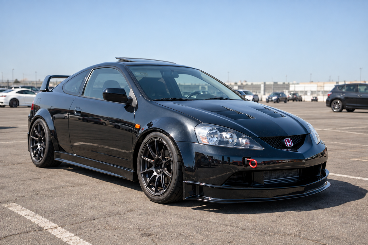 Black Honda Integra DC5 with Buddy Club style body kit, opposite front three-quarter view