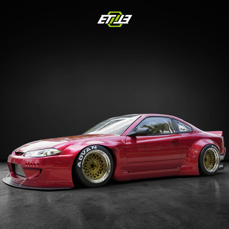 Nissan Silvia S15 in red with a full widebody carbon aero kit