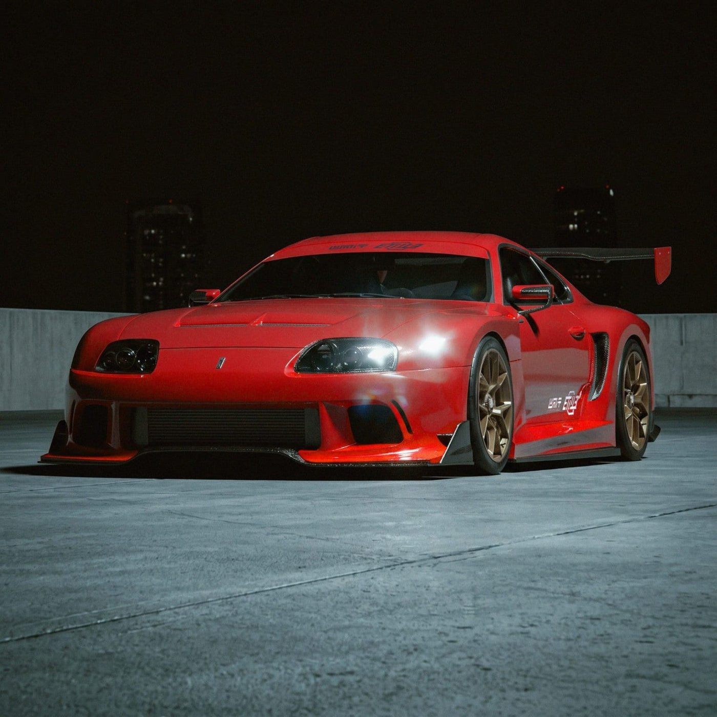 Red Toyota MK4 Supra shown with the new ETi widebody concept from the front three-quarter angle