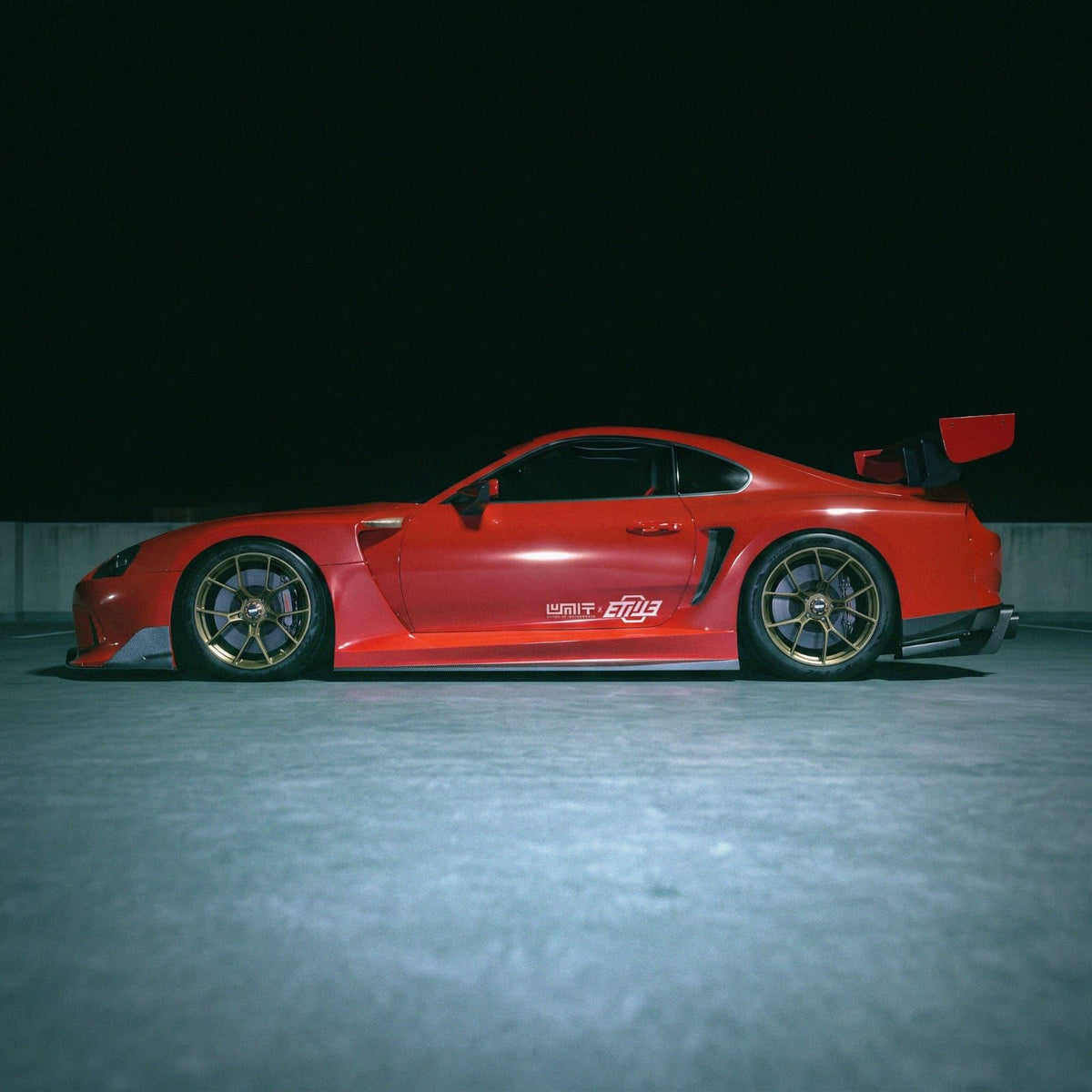 Red Toyota Supra A80 with the ETi MK4 Supra Widebody kit on a rooftop at night, side view, render