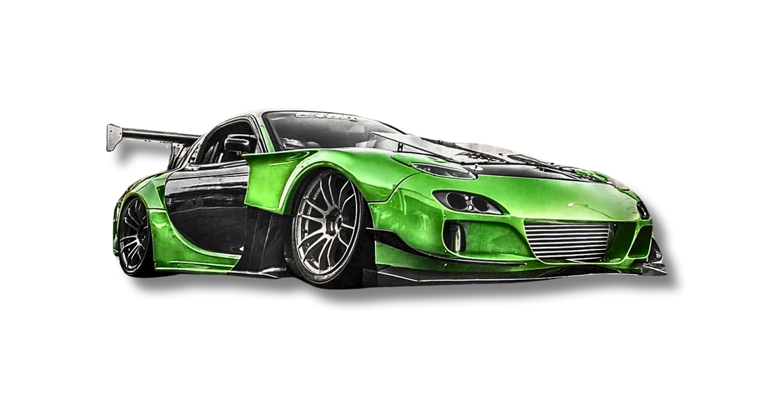 FD3S Mazda RX-7 widebody kit in green with carbon fiber hood and accents