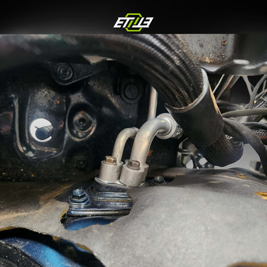 ETi Supra MK4 tucked A/C condenser and custom line routing, RHD reference photo