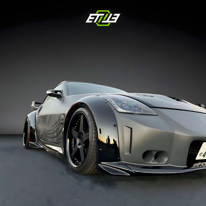 Nissan 350Z Veilside V3 style installed reference; additional hood, wheels and accessories shown