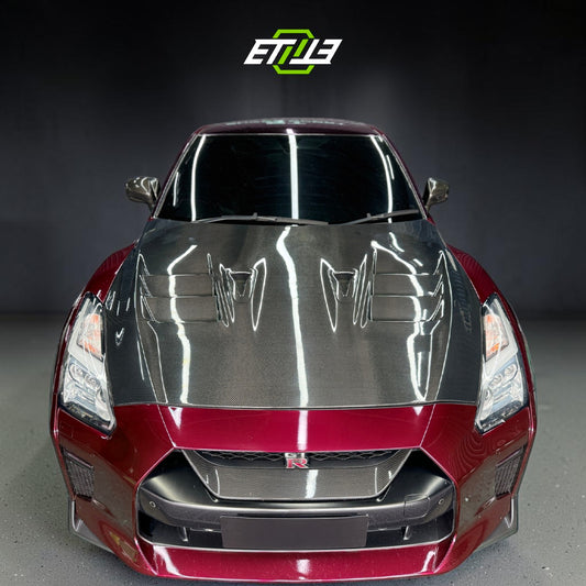 R35 Top Secret style hood — bespoke carbon, full panel view, ETi
