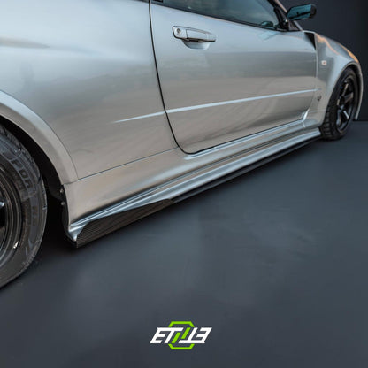 R34 Z-Tune style carbon vented hood — bespoke carbon, side profile, ETi