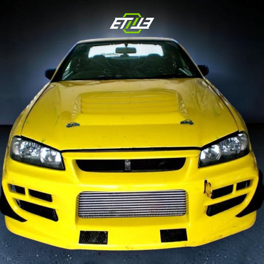 R34 GT-R JUN style front bumper — bespoke carbon, fitted on car, ETi