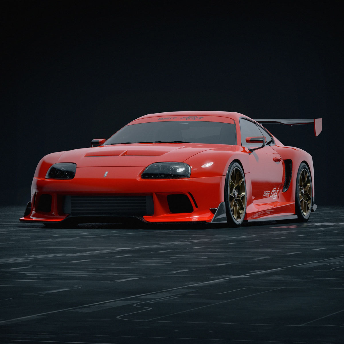 Low front three-quarter view of the red A80 with the widebody kit and front diffuser, studio render