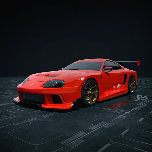 Red Toyota Supra A80 fitted with the ETi MK4 Supra Widebody kit and carbon GT wing, front three-quarter studio render