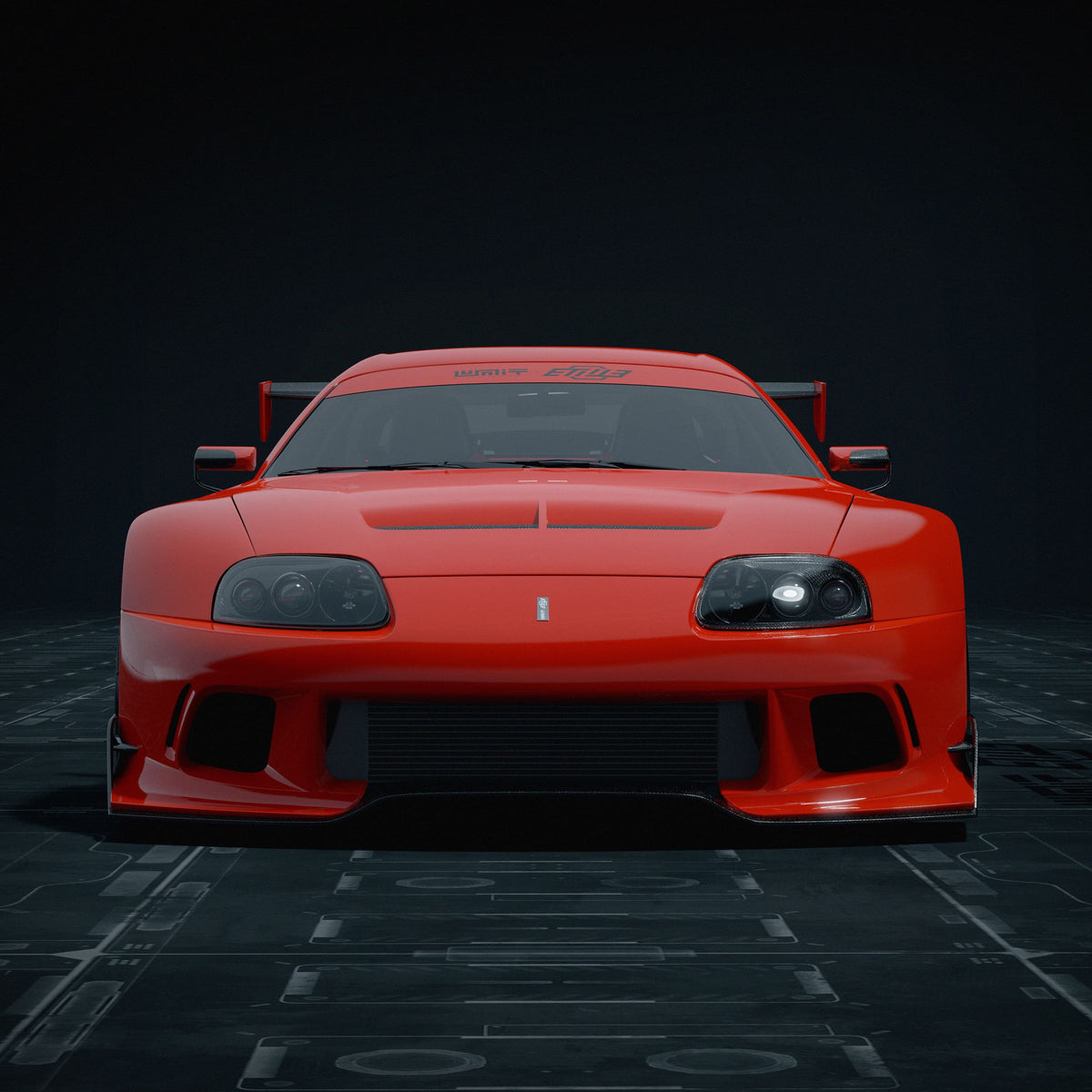 Red Toyota Supra A80 with the ETi MK4 Supra Widebody kit, head-on front view, studio render