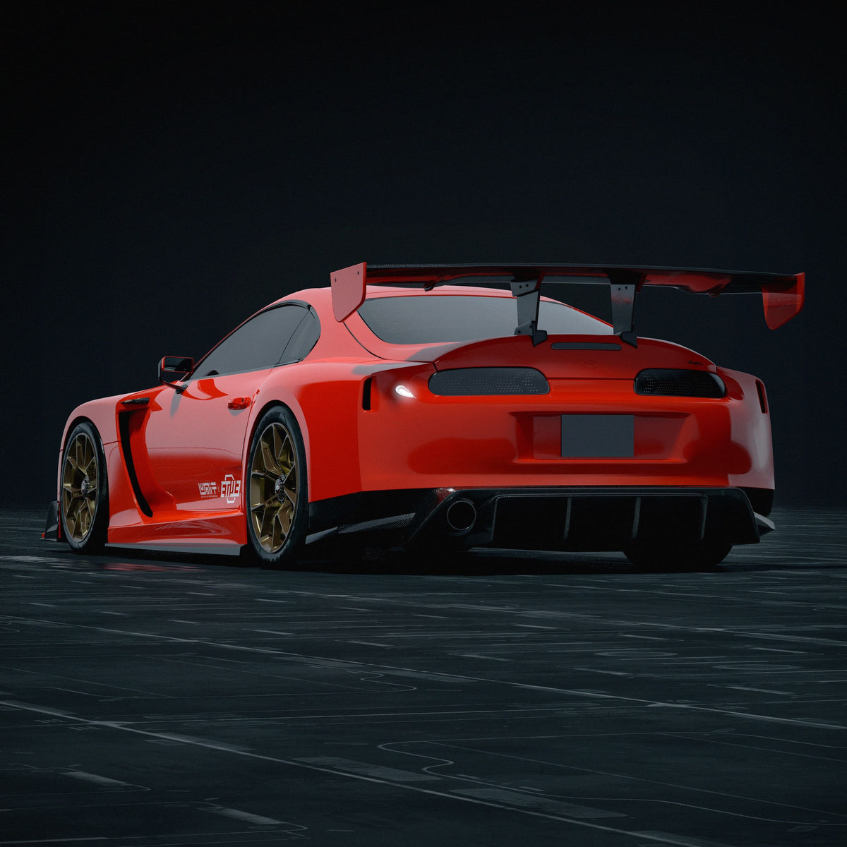 Rear three-quarter view of the red A80 with the widebody kit, carbon rear diffuser and carbon GT wing, studio render