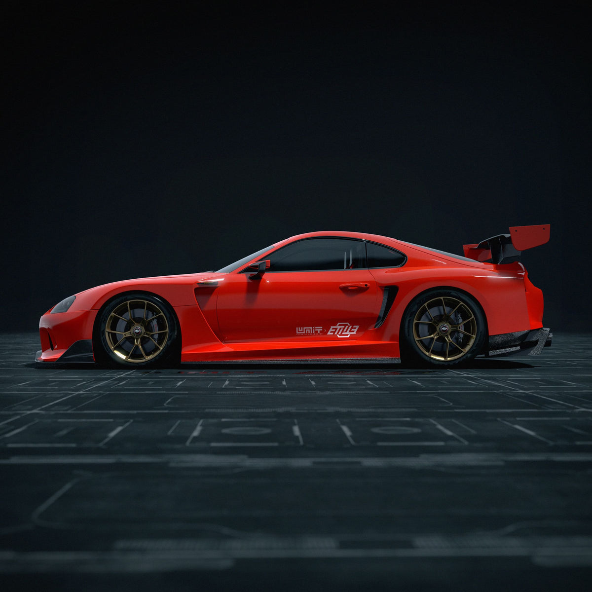 Side profile of a red Toyota Supra A80 with the ETi MK4 Supra Widebody kit, showing the side skirts, full replacement front fenders and blend-on rear overfenders, studio render