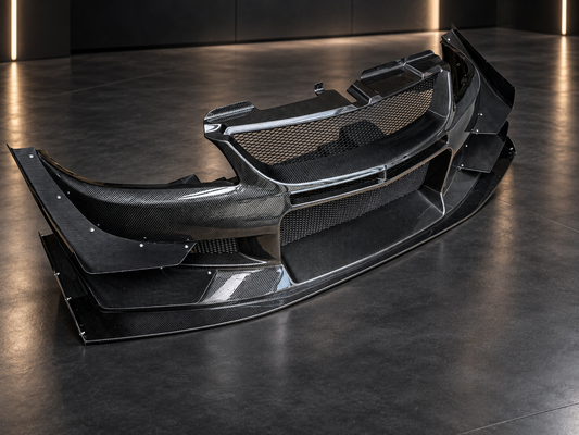 Mitsubishi Lancer EVO 9 VTX Cyber dry carbon front bumper, alternate front three-quarter view