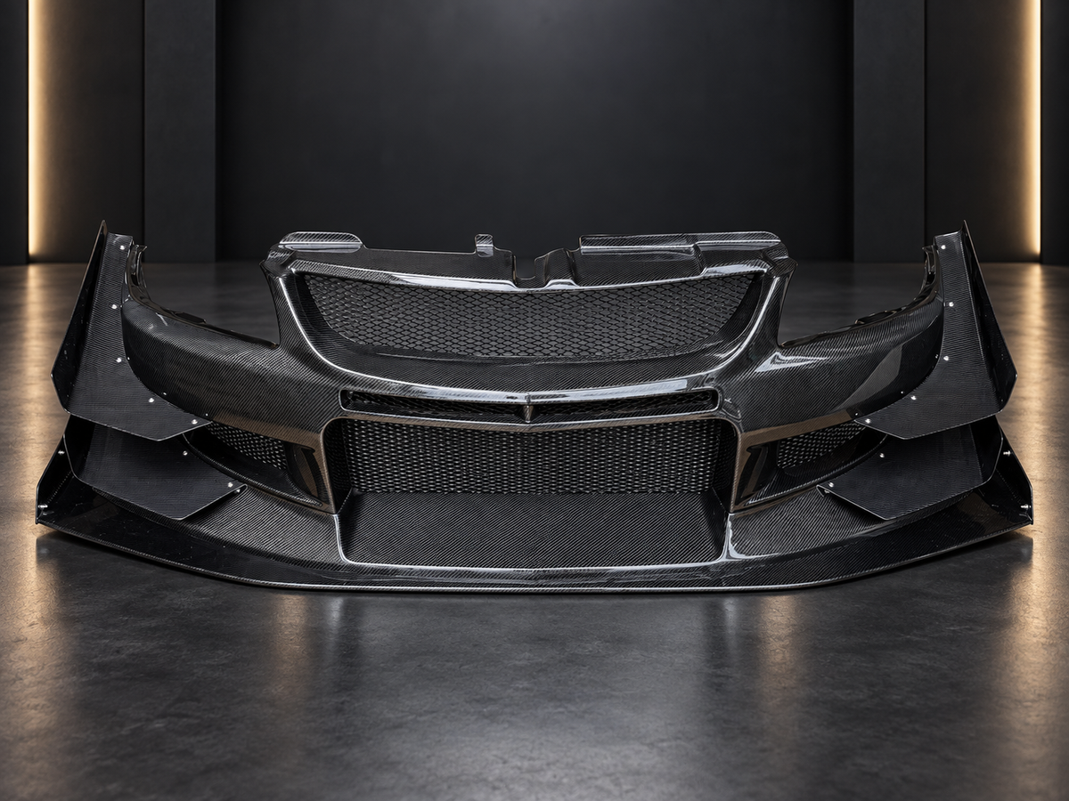 Mitsubishi Lancer EVO 9 VTX Cyber dry carbon front bumper, straight-on front view