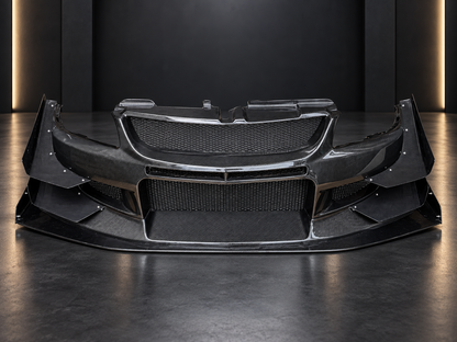 Mitsubishi Lancer EVO 9 VTX Cyber dry carbon front bumper, straight-on front view