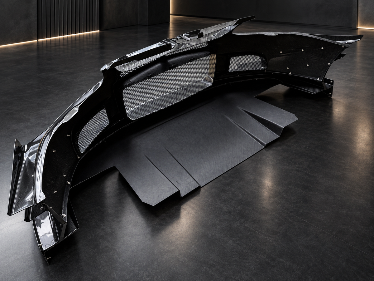 Mitsubishi Lancer EVO 9 VTX Cyber dry carbon front bumper, rear and underside detail view